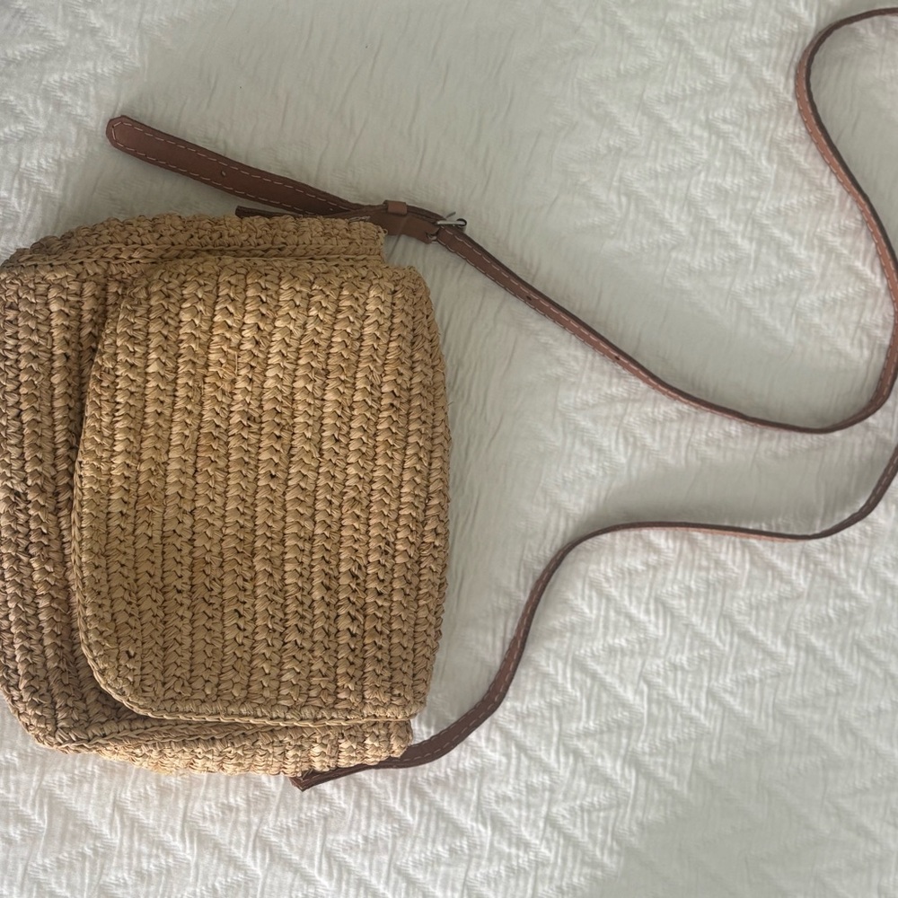 Hat Attack Tan and Brown Crossbody Bag with Woven Texture